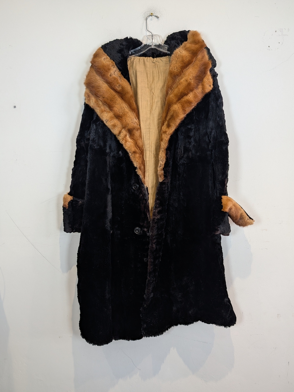 Vintage Black Faux Fur Coat with Brown Trim